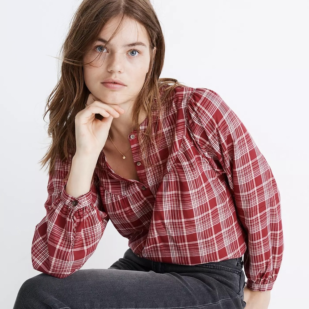NWT Madewell Balloon Sleeve Peasant Top In Plaid